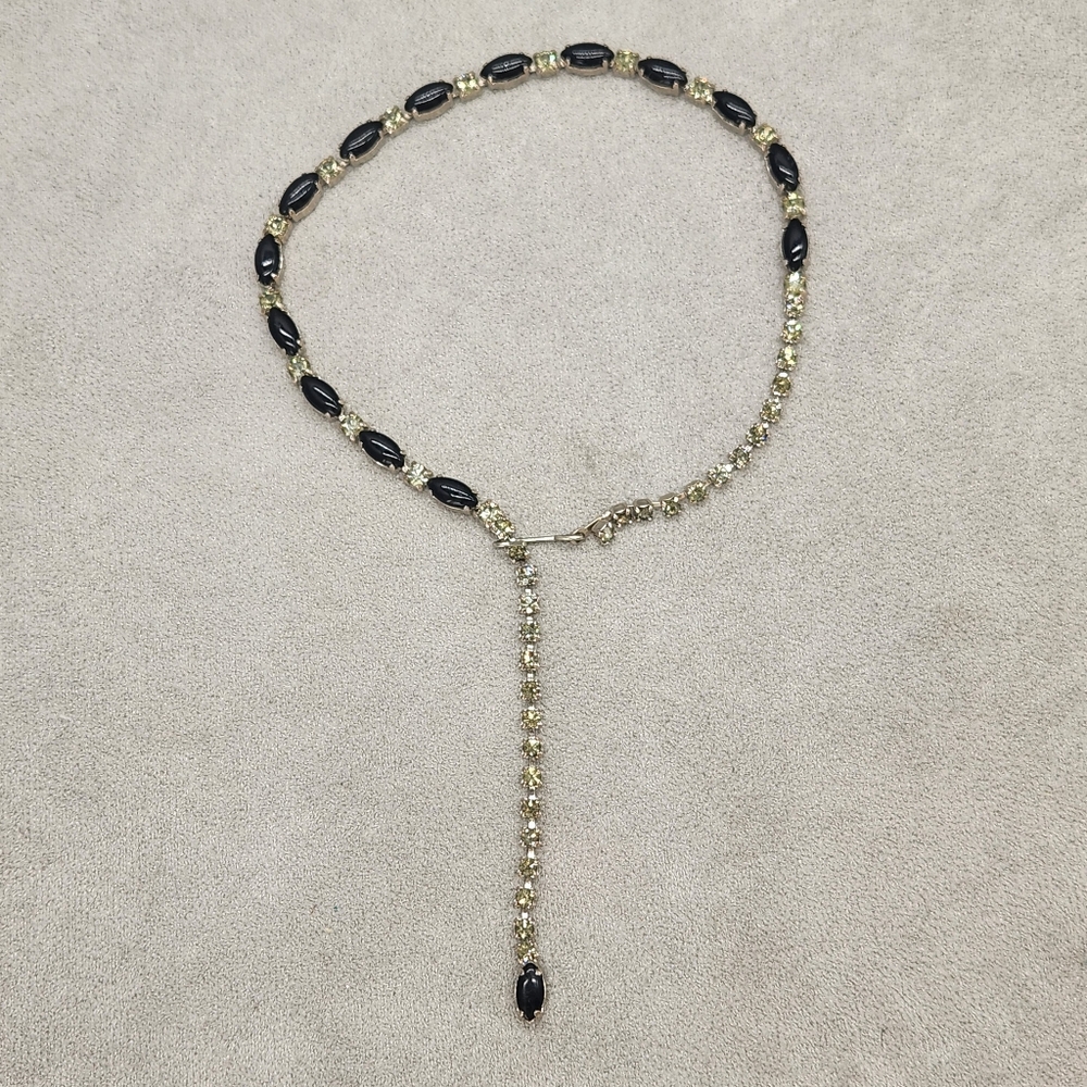 Black Marquise Stone Crystal Necklace Silver Tone 14.5” Adjustable Statement